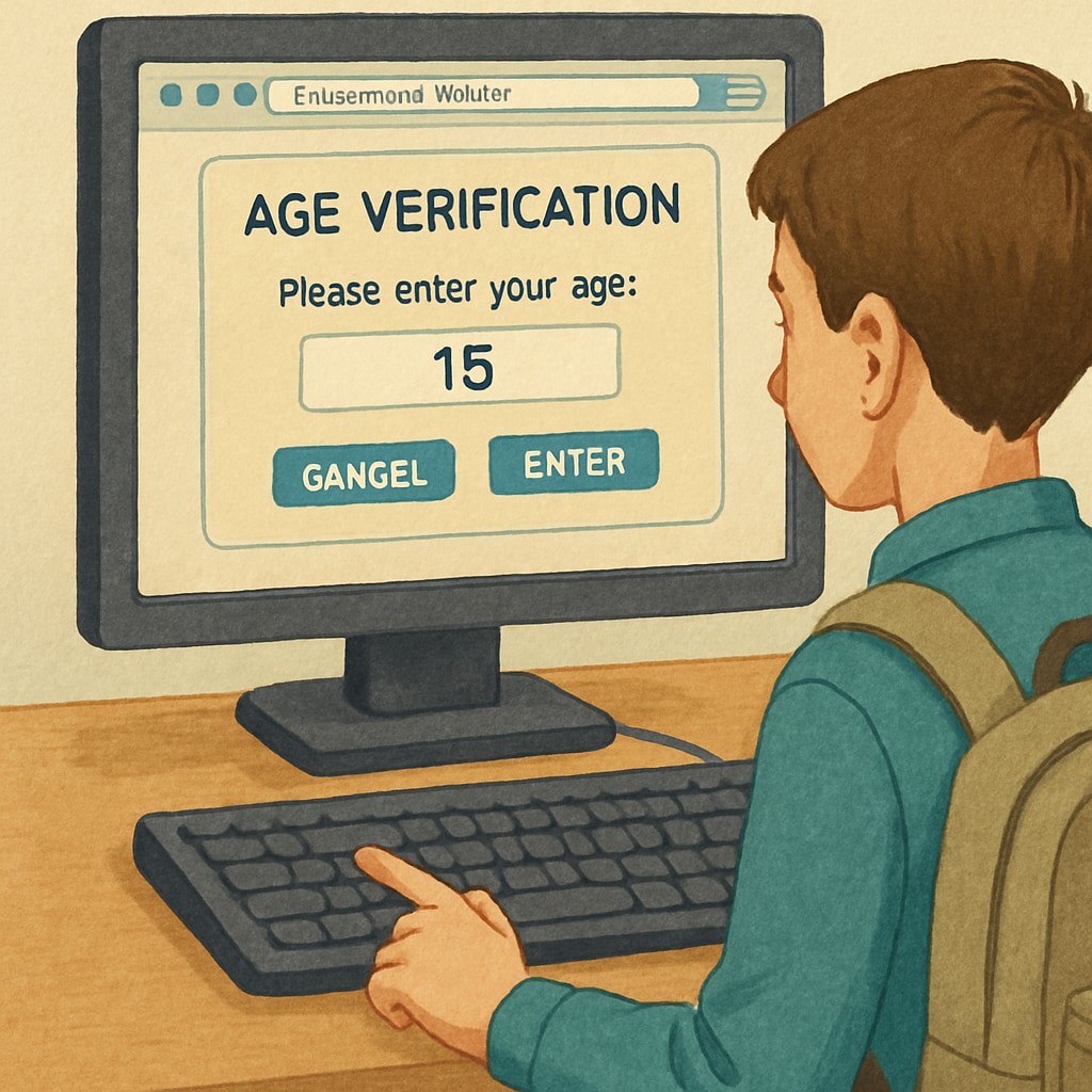 A student attempting to access an educational website with age verification prompts, symbolizing the challenges of digital regulation. Student encountering age verification prompts while accessing educational content.