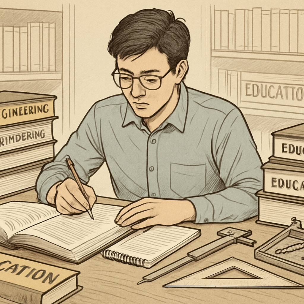 A university student balancing education and engineering coursework, symbolizing dual-degree programs. Student working on education and engineering coursework for a dual degree.