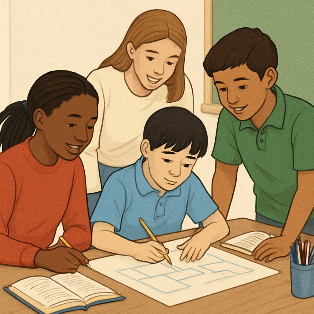 A diverse group of students participating in a school activity, highlighting unity and inclusion. Students engaging in an inclusive school activity to address economic disparity.
