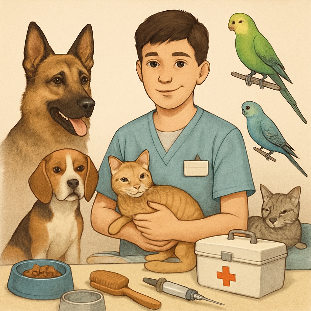 A young person studying animal care in a vocational training program, surrounded by animals and practical tools. A student studying animal care, emphasizing practical learning as an alternative to GCSEs.