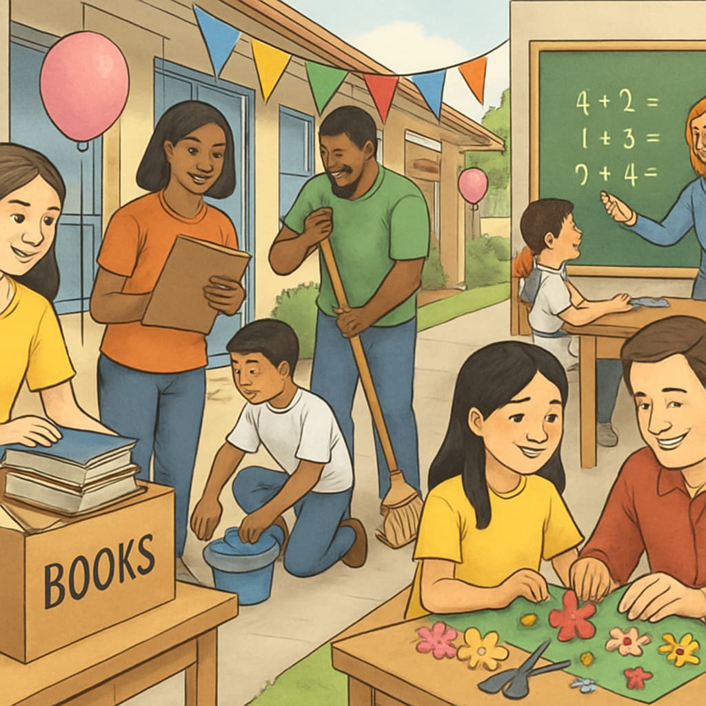 A school event with students and parents volunteering together, showcasing diverse contributions beyond monetary donations. Volunteering at a school event demonstrates ways to support without financial contributions.