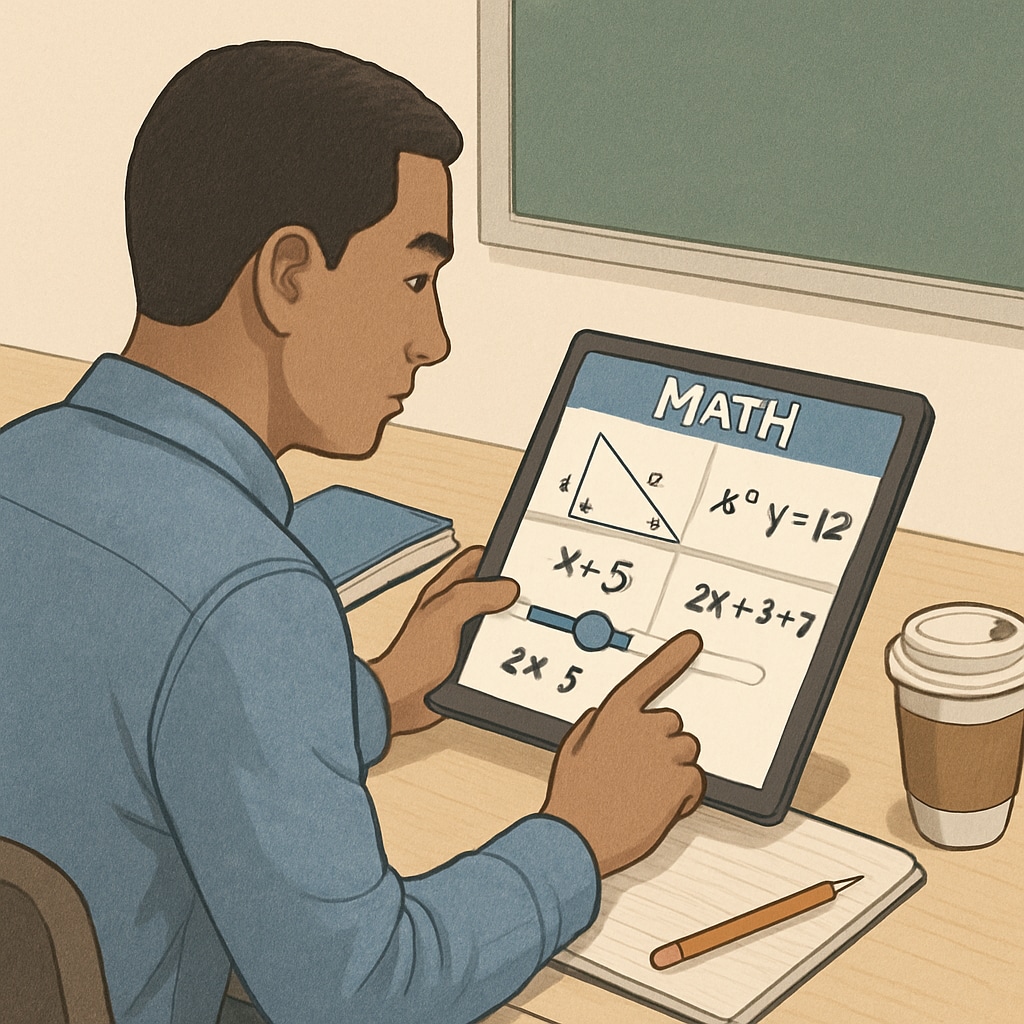 A student using an interactive learning app on a tablet to review math concepts. This image emphasizes the importance of technology-based resources for adult learners. Math review app for adult learners returning to education