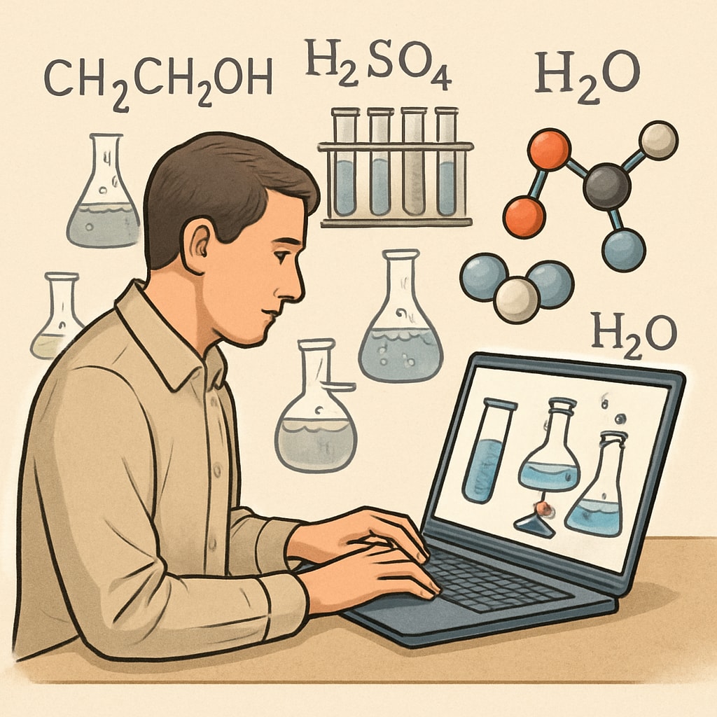 An adult learner exploring a virtual chemistry lab simulation on a laptop. The image highlights the role of simulations and virtual labs in science review. Science learning tools for adult education