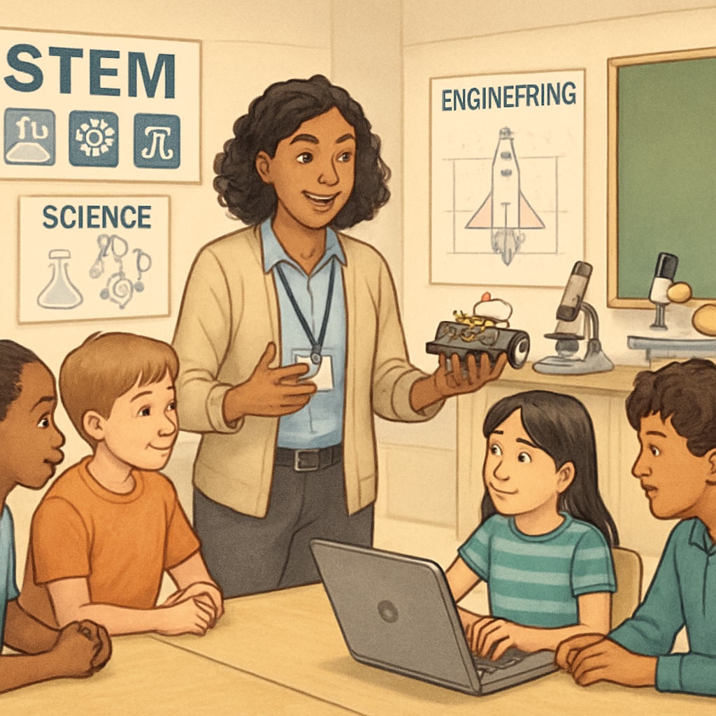 A teacher leading a STEM workshop with engaged students, showcasing innovative public school programs. Public school teacher conducting a STEM workshop as part of efforts to compete with private schools.