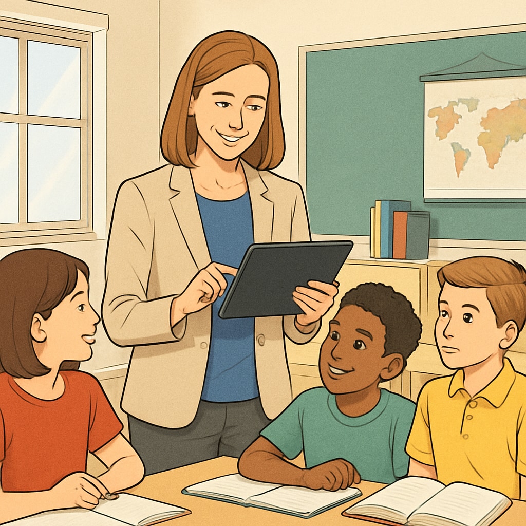 A K12 educator using a tablet in a classroom, symbolizing EdTech integration. K12 teacher utilizing EdTech tools in the classroom to enhance learning.