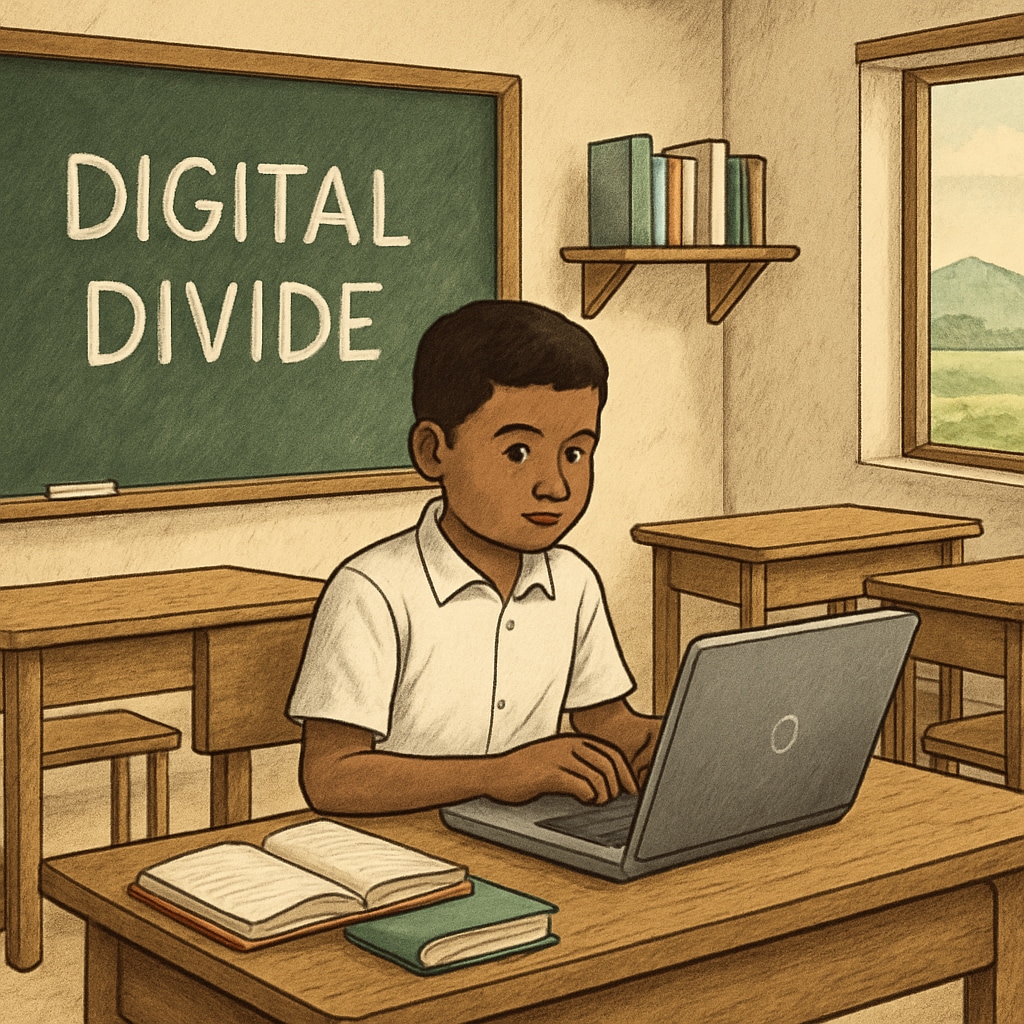 A student using a laptop in a rural classroom, representing efforts to reduce the digital divide. Student bridging the digital divide with accessible technology in education.