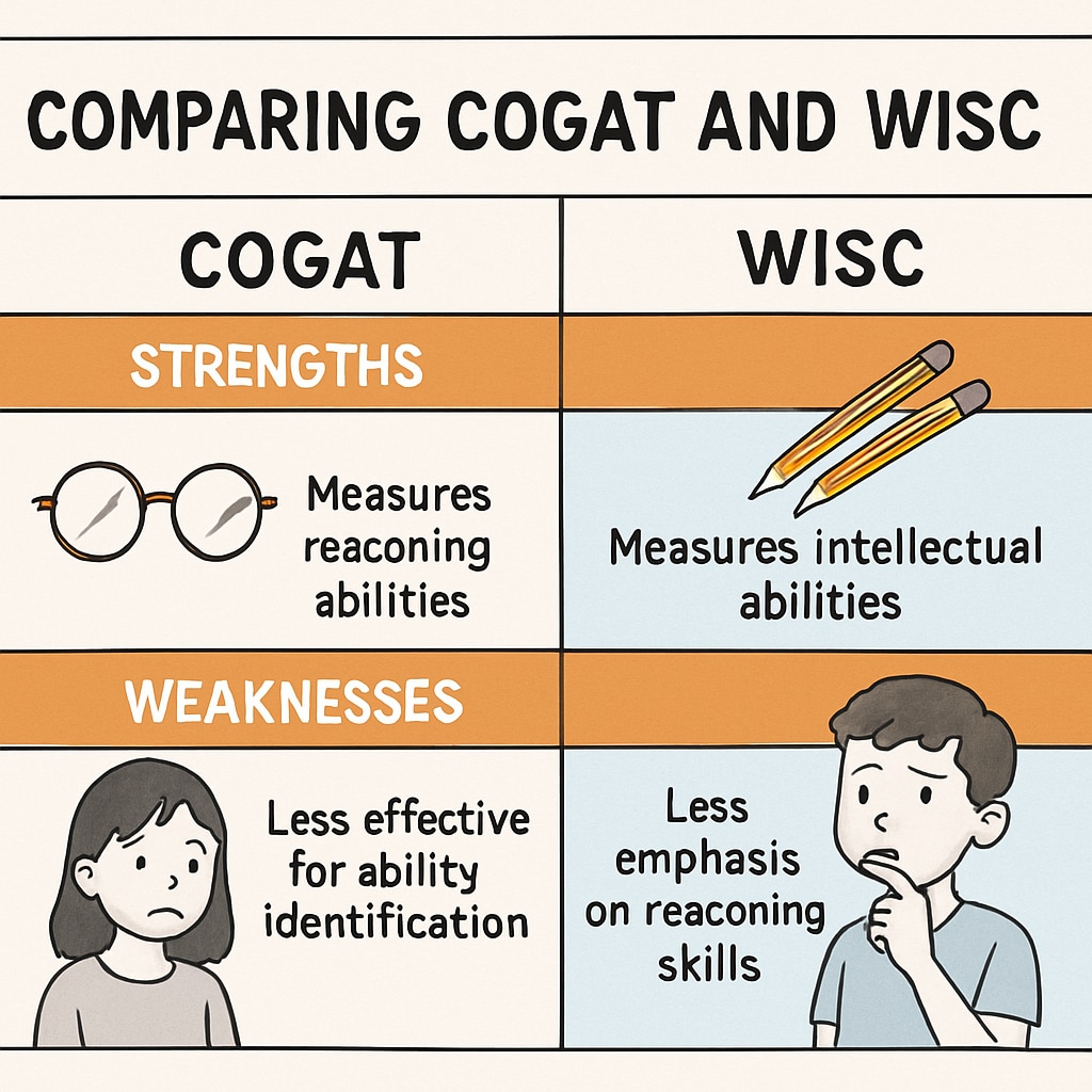 A detailed chart comparing CogAT and WISC, highlighting their strengths and weaknesses in assessing children's abilities. Chart comparing CogAT and WISC for children's talent assessment.