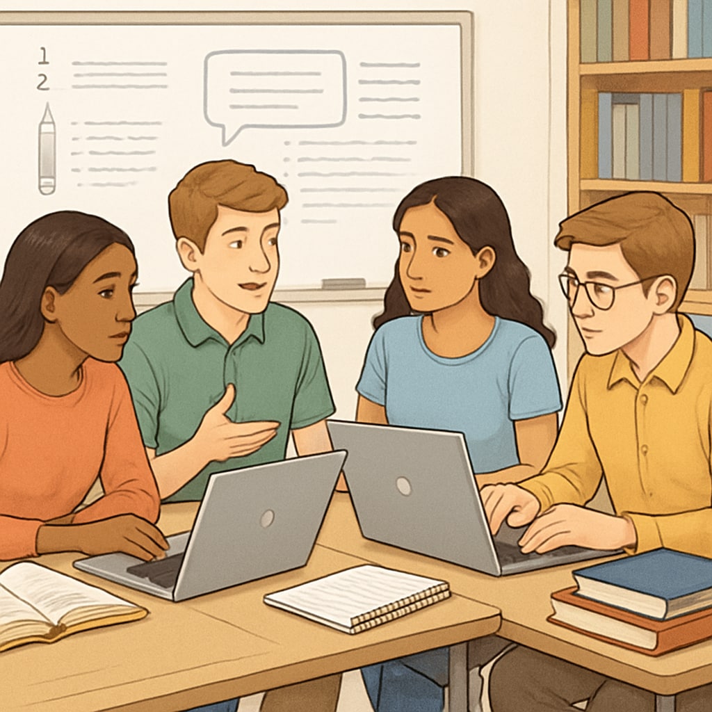 A group of high school students collaborating on laptops in a media literacy class, discussing AI-generated prompts. High school students discussing AI writing prompts for media literacy.