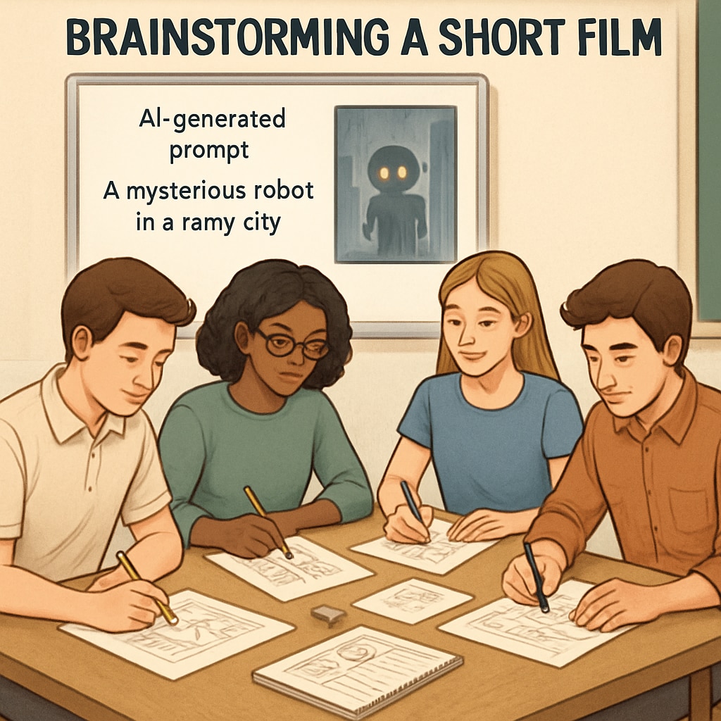 A concept drawing of a short film brainstorming session, with students sketching ideas inspired by an AI-generated prompt. Students brainstorming short film ideas inspired by an AI writing prompt.