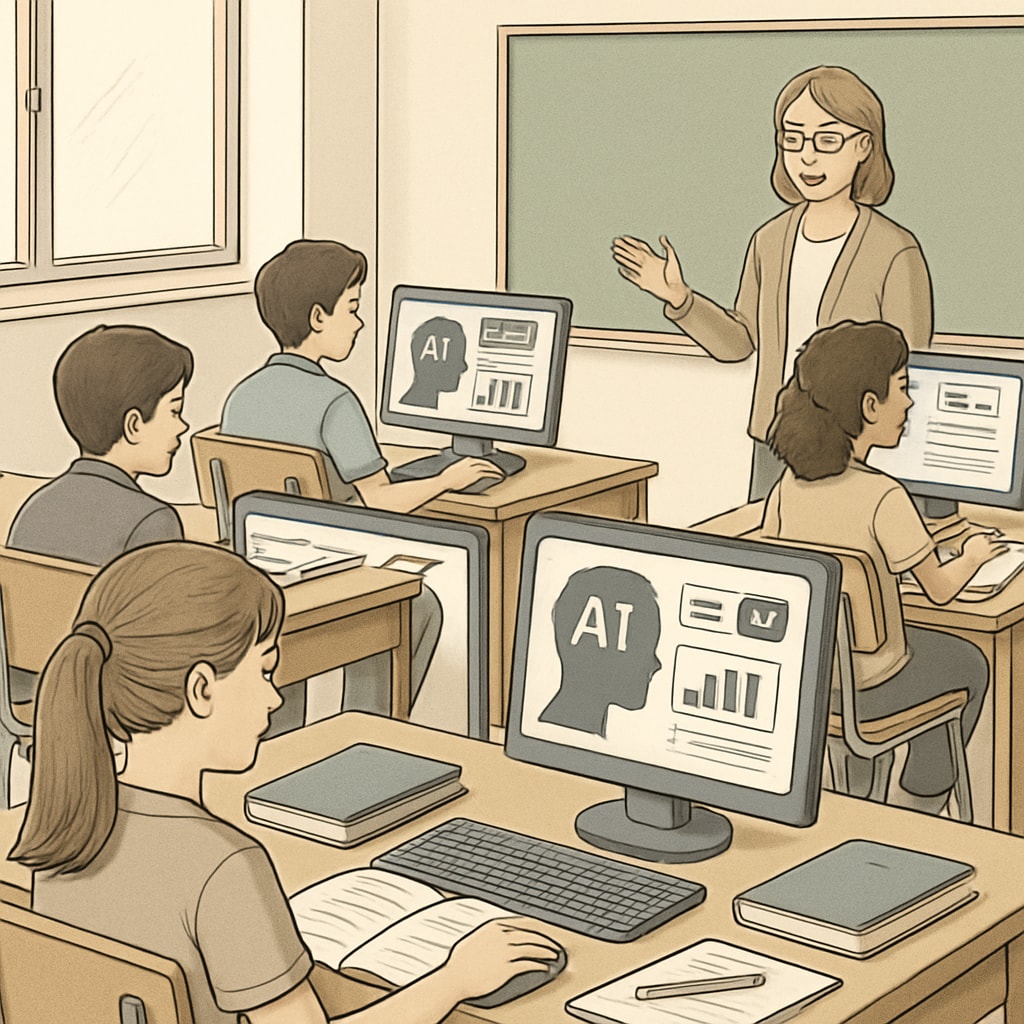 A classroom where students are using computers with AI-driven learning software to personalize their education. AI-driven personalized learning in a classroom setting.
