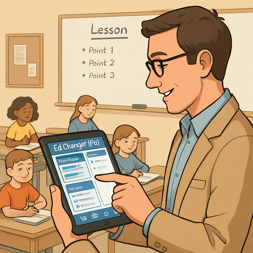 A teacher using a tablet in a classroom setting, showcasing EdChanger Pro's interface. The image emphasizes the application's role in modernizing teaching methods. Teacher utilizing EdChanger Pro educational tools in a classroom