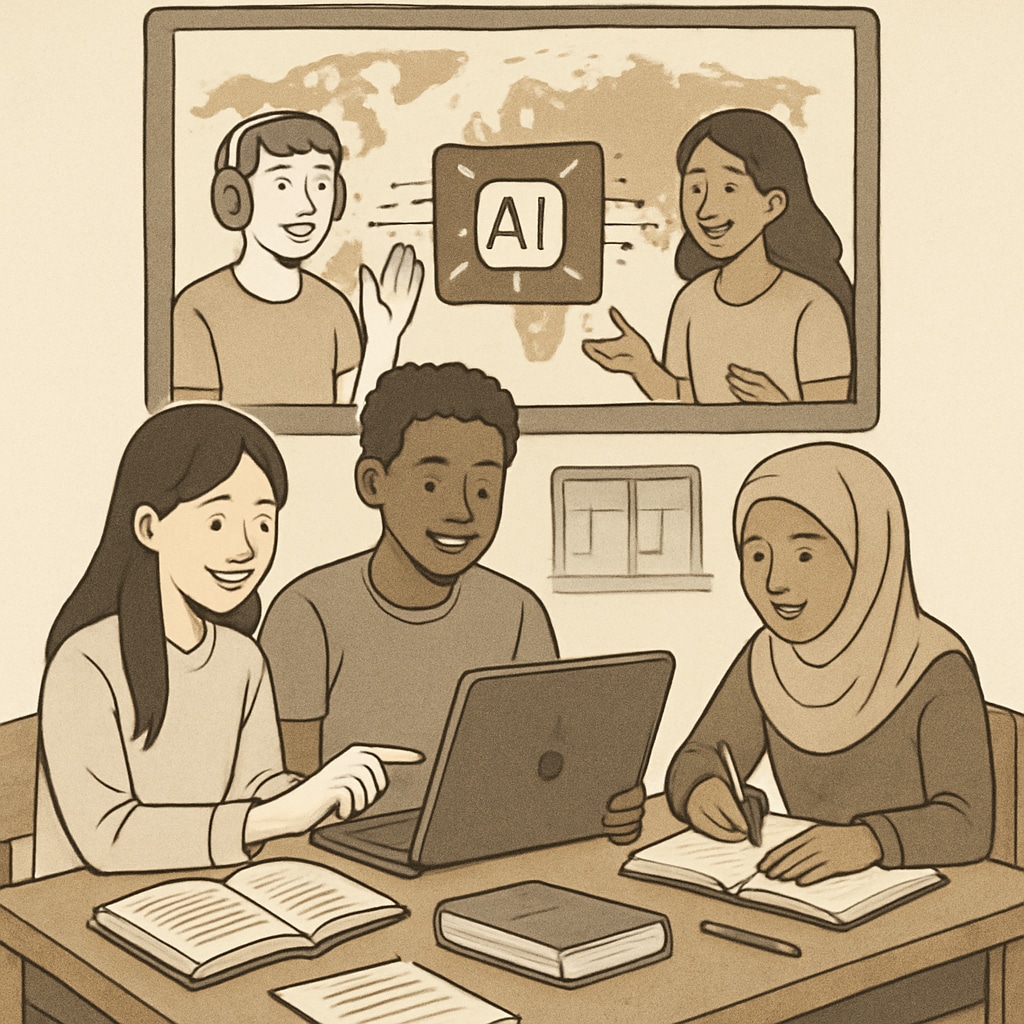Students from different countries collaborating through AI-powered virtual classrooms, symbolizing global education access. Global education access through AI-powered virtual classrooms.