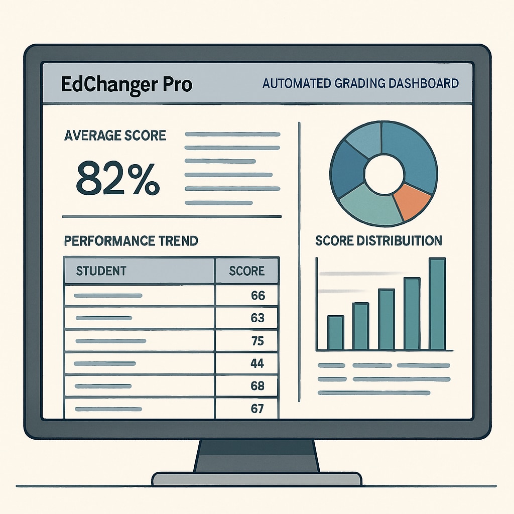 A computer screen displaying EdChanger Pro’s automated grading dashboard, showing student performance analytics. Automated grading dashboard of EdChanger Pro showing student analytics.