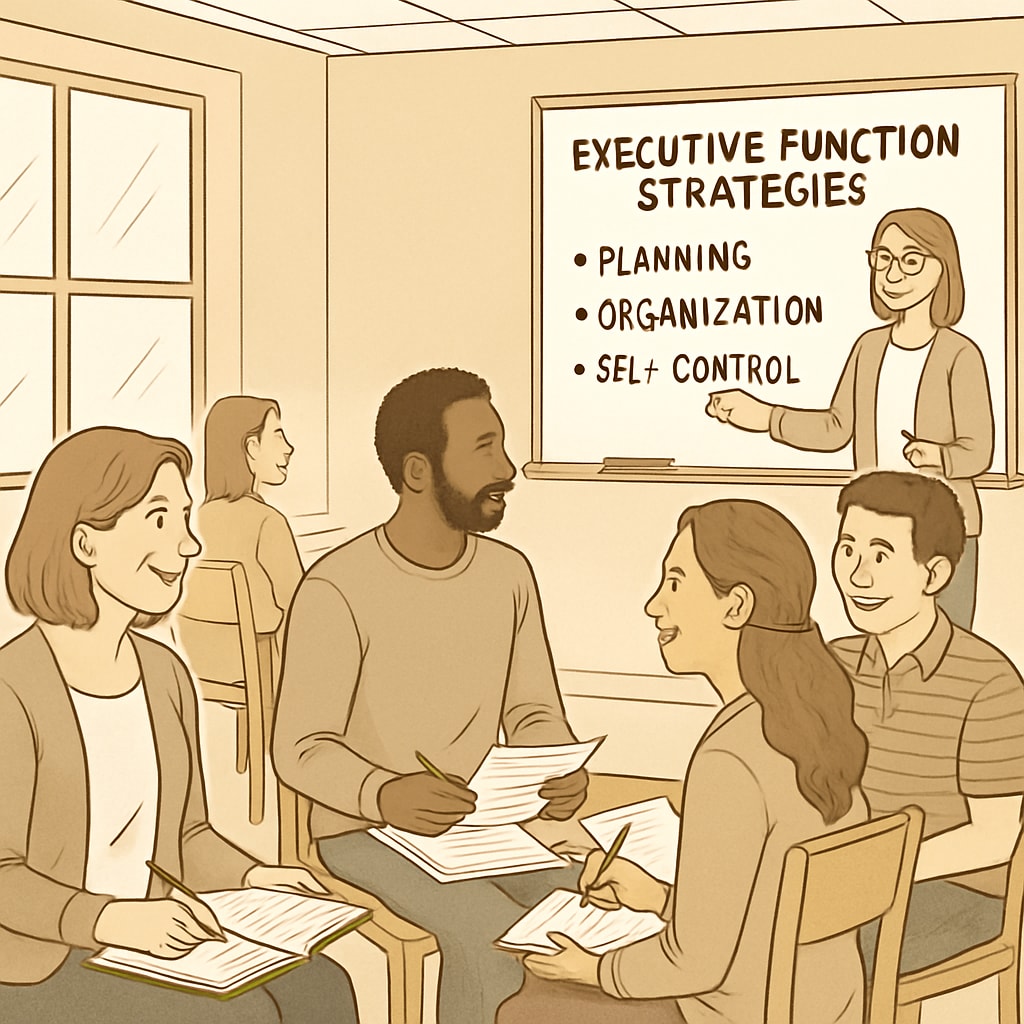 A group of parents engaged in a workshop about executive function strategies, seated in a bright and welcoming conference room. Workshop on executive function strategies for families of children with ADHD and special needs.