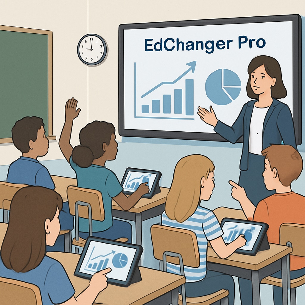 A classroom with students interacting with digital content displayed on a smart screen. The image highlights EdChanger Pro’s impact on enhancing student engagement. Classroom with students engaging in digital learning powered by EdChanger Pro