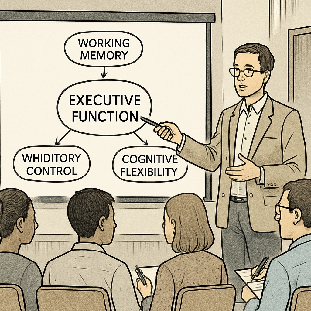 A speaker presenting an executive function framework on a projector screen during a seminar, with audience members taking notes. Speaker explaining executive function strategies to parents and educators during a summit.