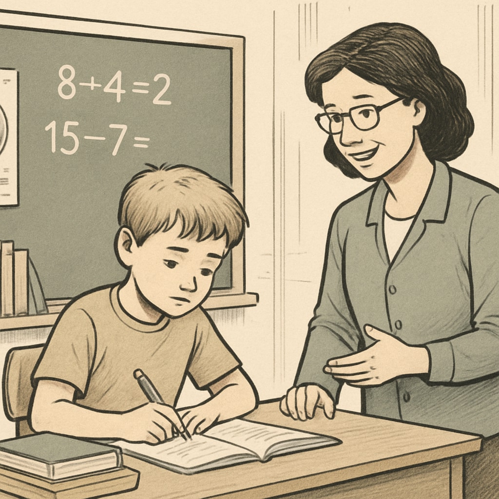 A child solving a math problem with a teacher in a classroom setting, showcasing positive interaction and engagement. Child solving math problem with teacher, math learning strategies