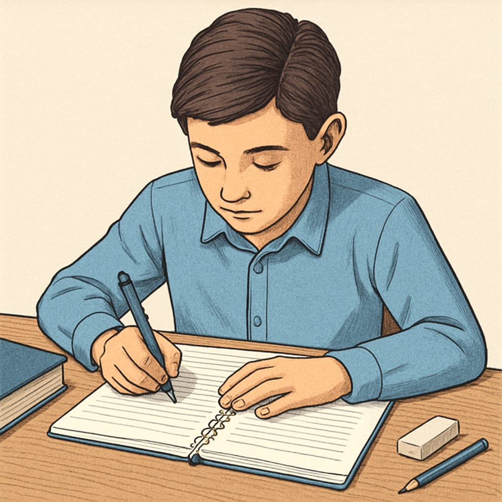 A close-up of a student writing on a notebook, symbolizing personalized learning approaches. Student writing on a notebook, illustrating tailored education approaches for ADHD students.