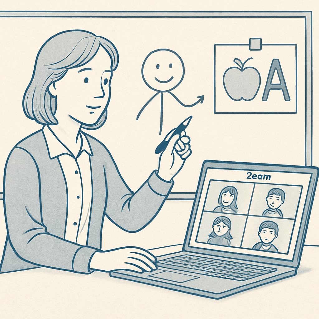 A teacher designing a custom Zoom/REZoom activity for a classroom, using visual aids and a whiteboard. Teacher creating a custom Zoom/REZoom activity without an answer key.