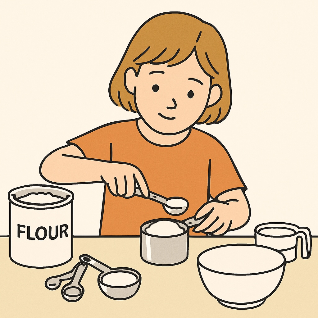 A child baking, measuring ingredients with cups and spoons, illustrating math in cooking. Child baking and measuring ingredients, demonstrating math in daily life