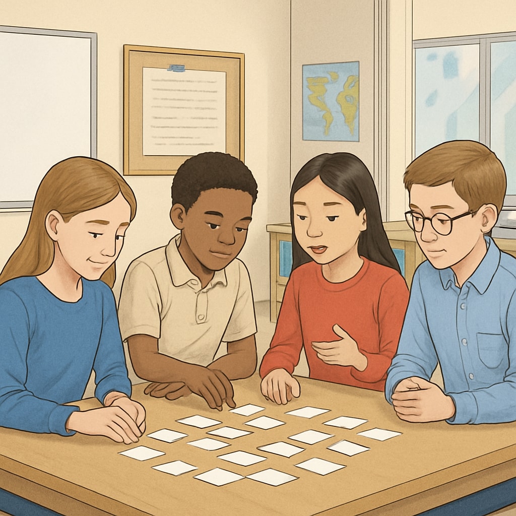 Students collaborating on a REZoom activity, discussing and arranging cards in a classroom setting. Students working on a REZoom activity, arranging cards without an official answer key.