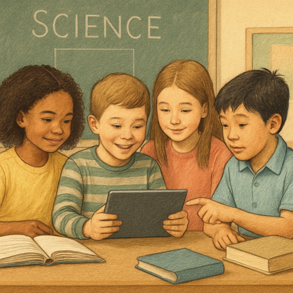 A group of children using a tablet to read in a classroom setting, symbolizing digital learning innovation. Children using a reading app in a classroom setting.