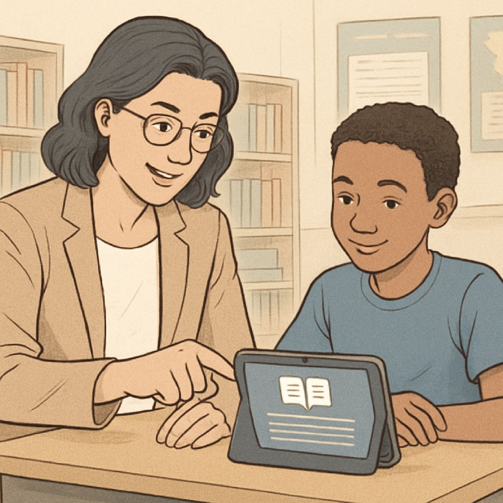 A teacher assisting a student with a tablet while discussing a digital reading app, emphasizing collaboration between educators and technology. Teacher helping a student use a digital reading app.