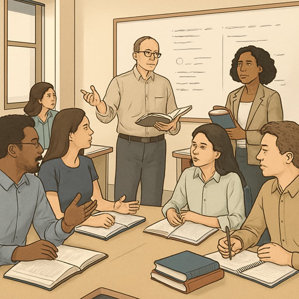 A classroom setting in a U.S. university, showcasing educators and students engaging in academic discussion U.S. university classroom discussion with educators and students