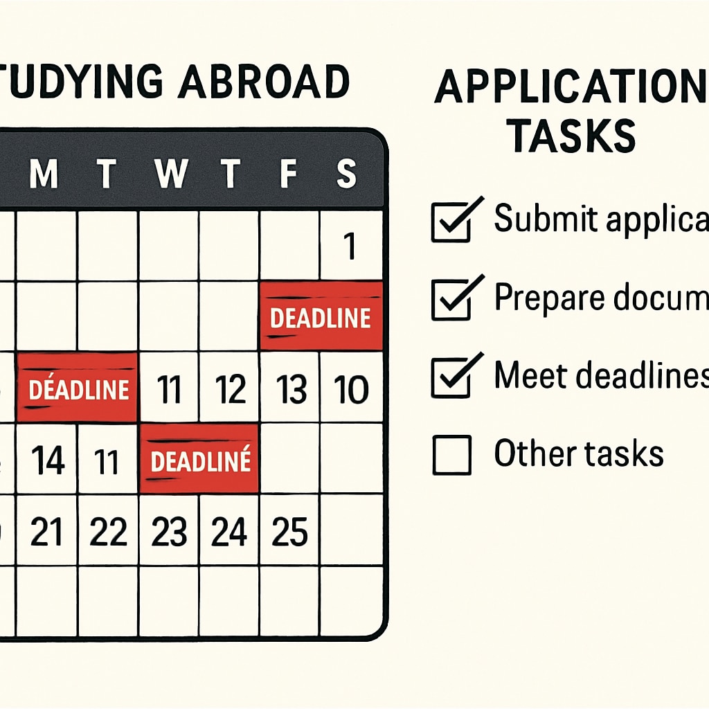A calendar marked with important deadlines for studying abroad, accompanied by a checklist of application tasks Calendar with study abroad deadlines and application checklist