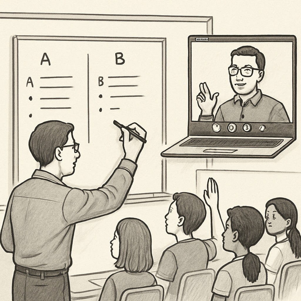 Educator using Zoom and REZoom teaching tools for interactive learning.