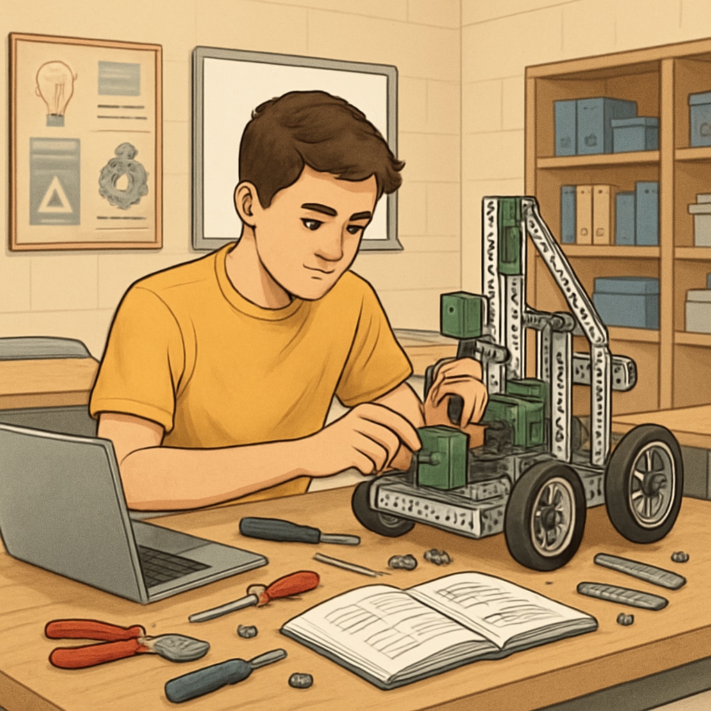 A high school student working on a robotics project in a CTE engineering class. High school student building a robot in a CTE engineering program.
