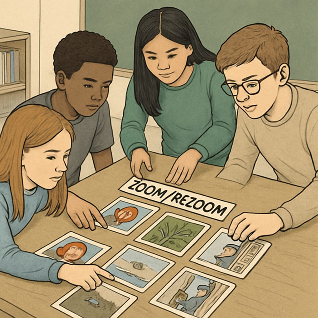 An illustration of students arranging Zoom/ReZoom cards in a classroom setting, focusing on teamwork and problem-solving. Students collaborating on Zoom/ReZoom activities in a classroom.