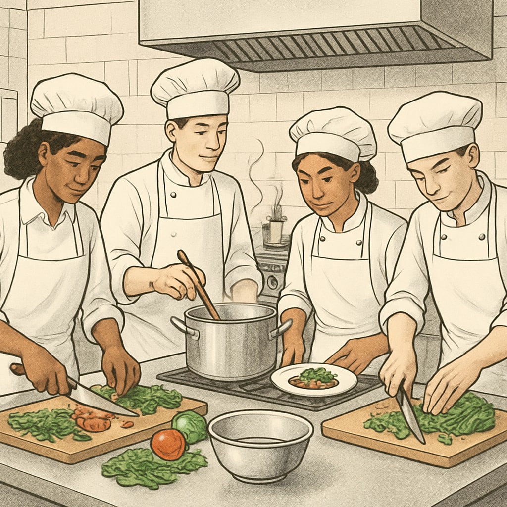 A group of students in a CTE culinary arts class preparing meals while learning food safety and nutrition. Students learning food safety and preparing meals in a CTE culinary arts class.