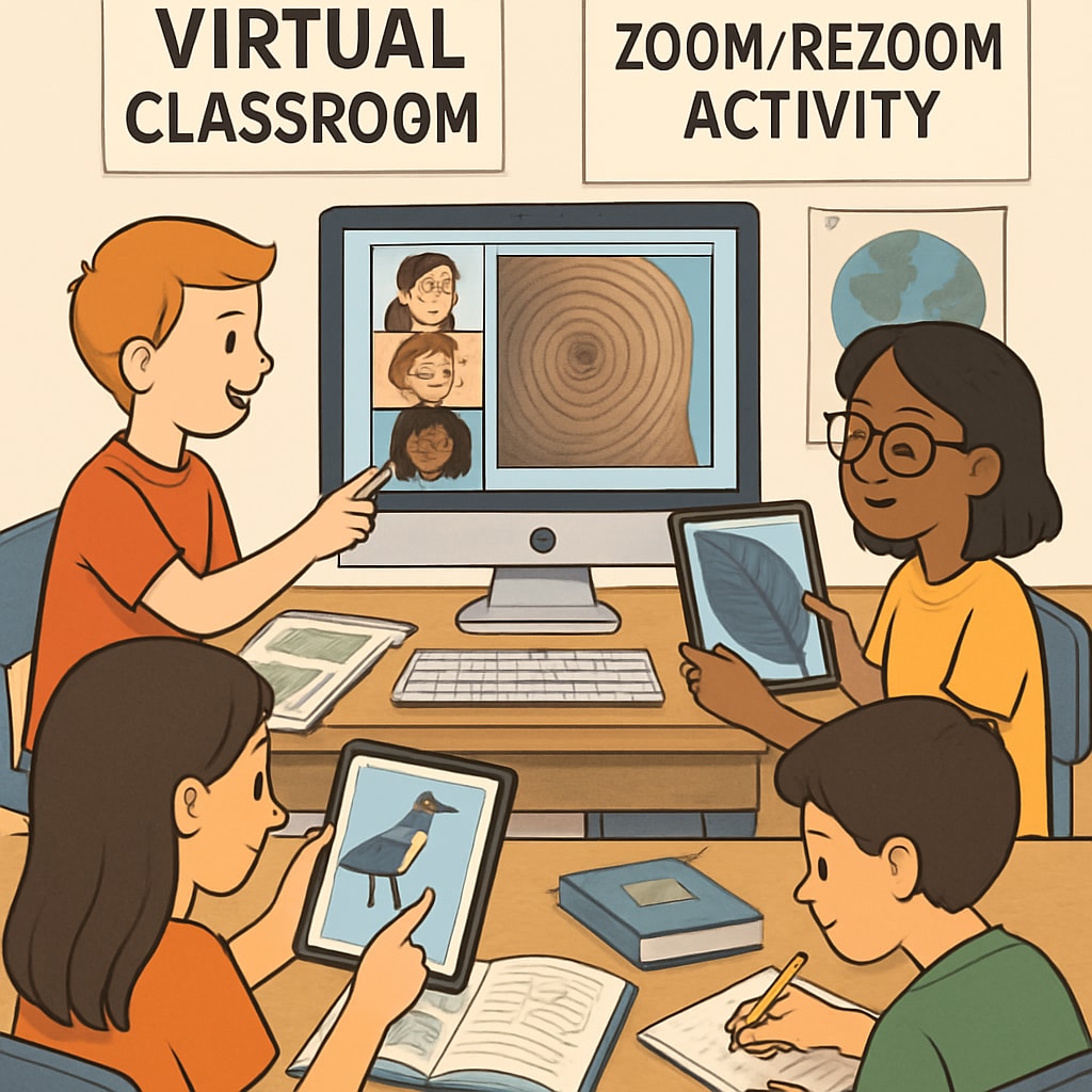 A screenshot of a virtual classroom showing students using digital tools to complete a Zoom/ReZoom activity collaboratively. Virtual collaboration on Zoom/ReZoom activities in a digital classroom.