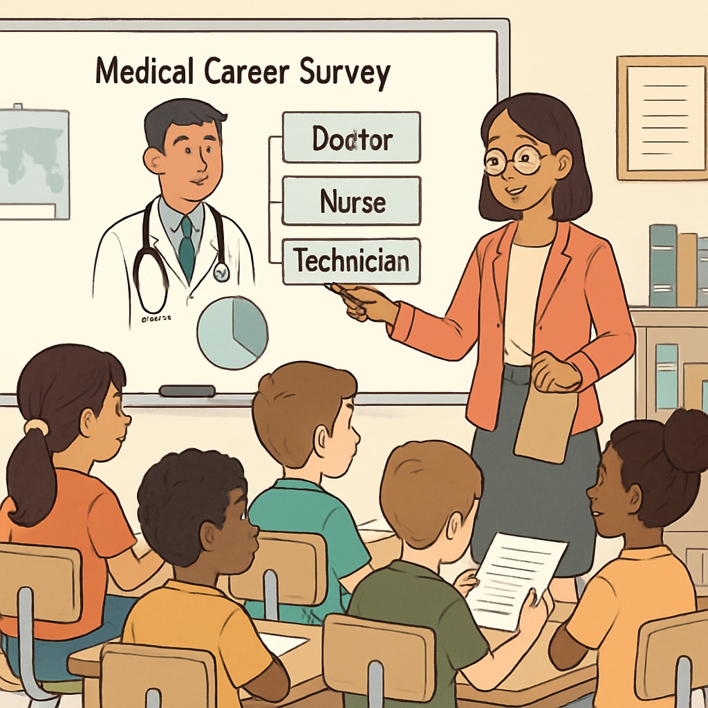 An educator guiding K12 students through a medical career survey in a classroom setting. Educator guiding students through medical career survey for K12 education.