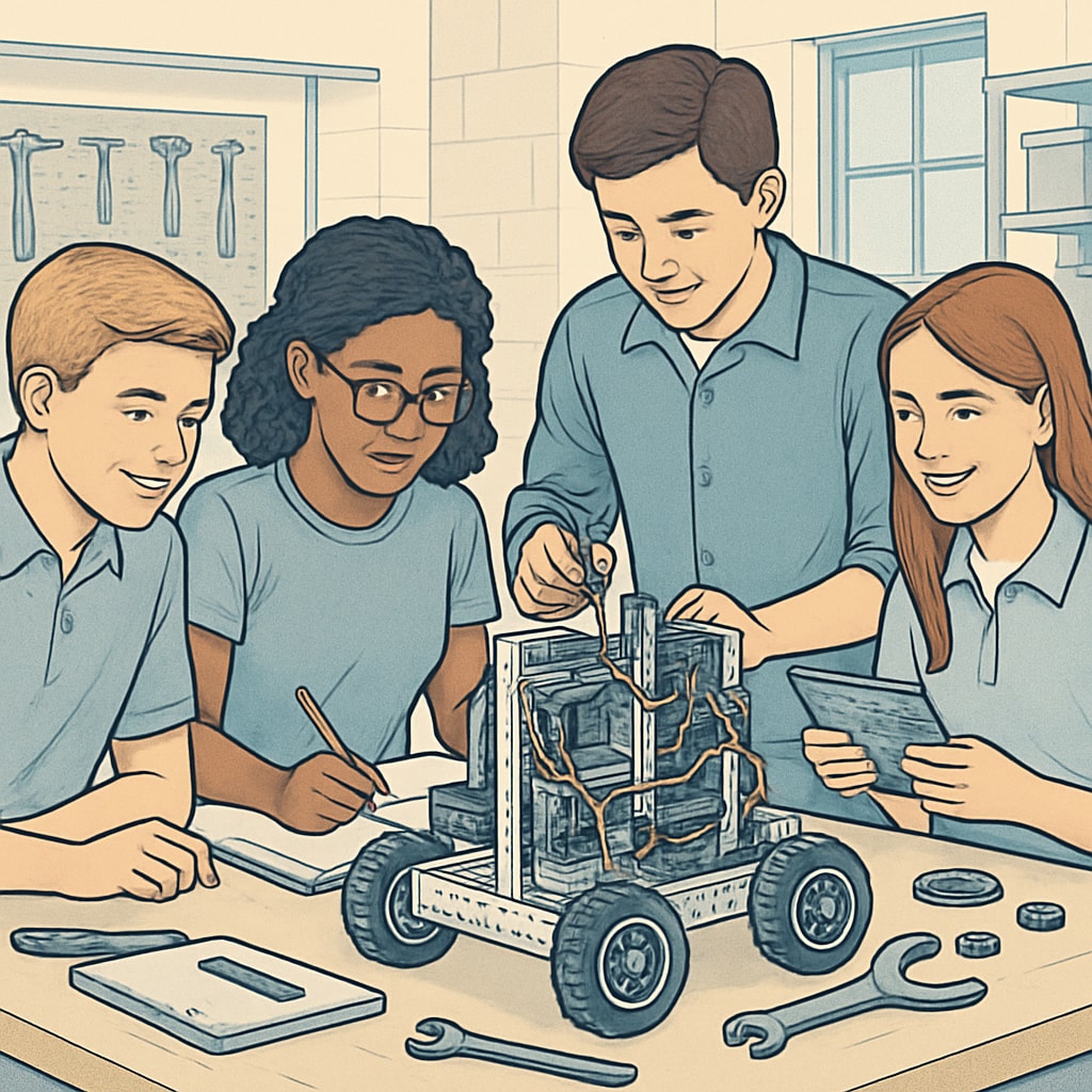 A group of high school students working collaboratively on a robotics project in a lab setting. High school students developing engineering skills through robotics, a foundation for design engineering.
