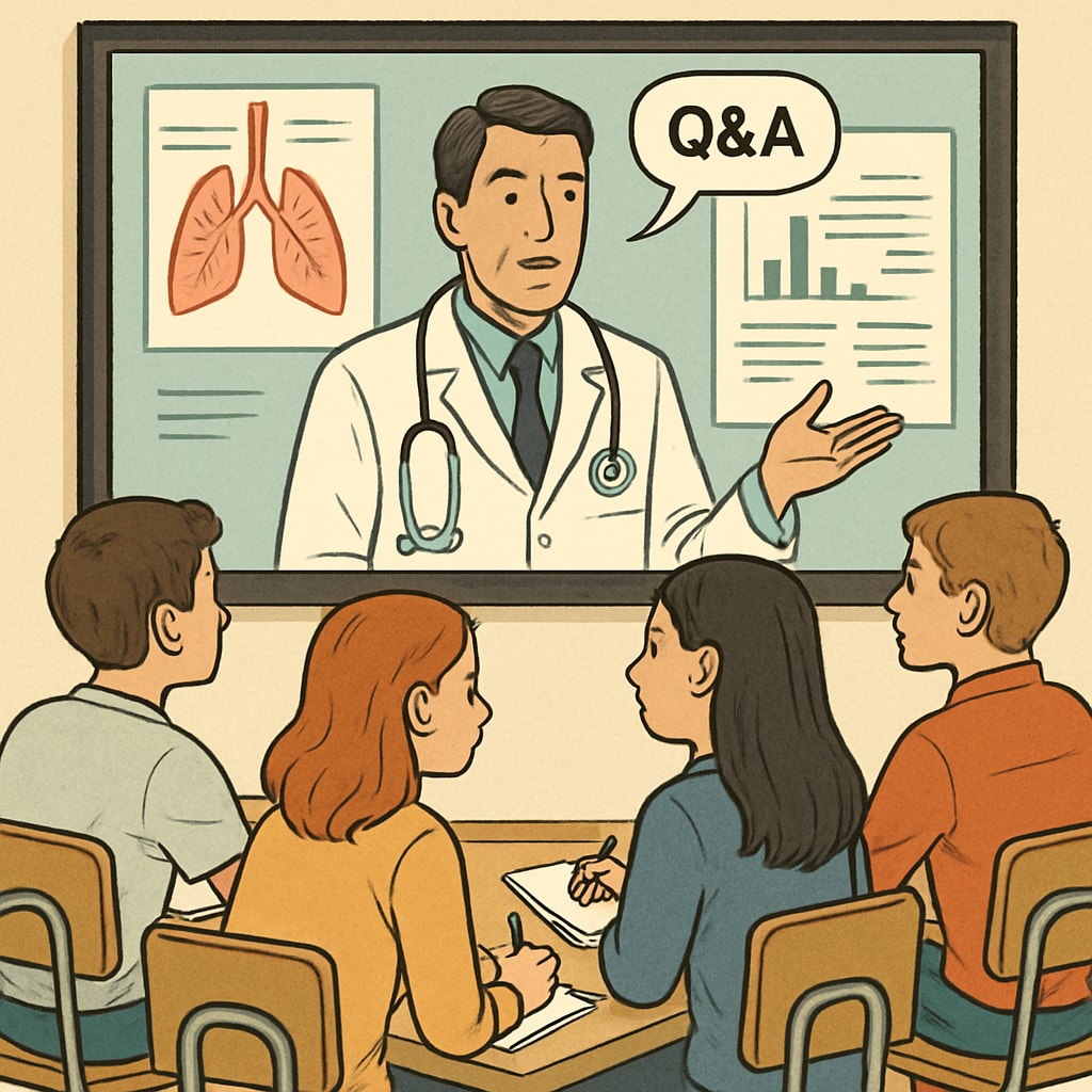 A group of students participating in a virtual interview with a doctor, engaging in Q&A about medical careers. Students engaging in virtual doctor interview discussing medical professions.