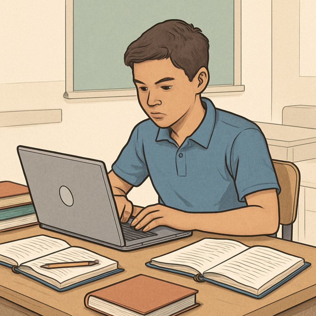 A high school student working on a laptop, representing efforts in credit recovery. A high school student focusing on credit recovery online to address ADHD challenges.