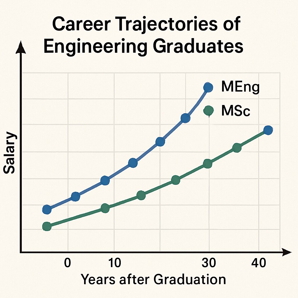 A graph comparing the career trajectories of MEng and MSc graduates in the engineering field. Career outcomes for MEng vs MSc graduates in design engineering.