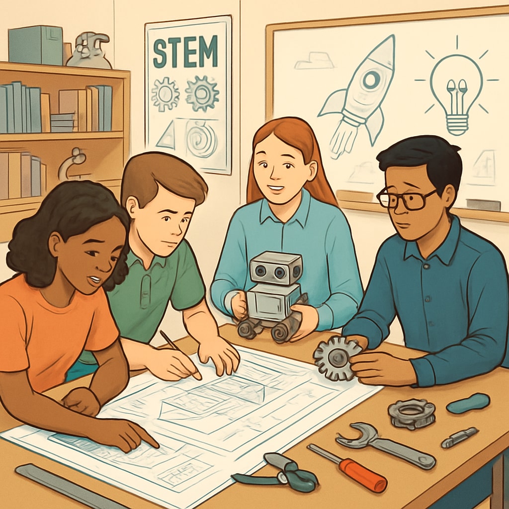 A group of students collaborating on a STEM design project in a classroom setting, emphasizing teamwork and innovation. Engineering design students working on STEM projects in K12 education