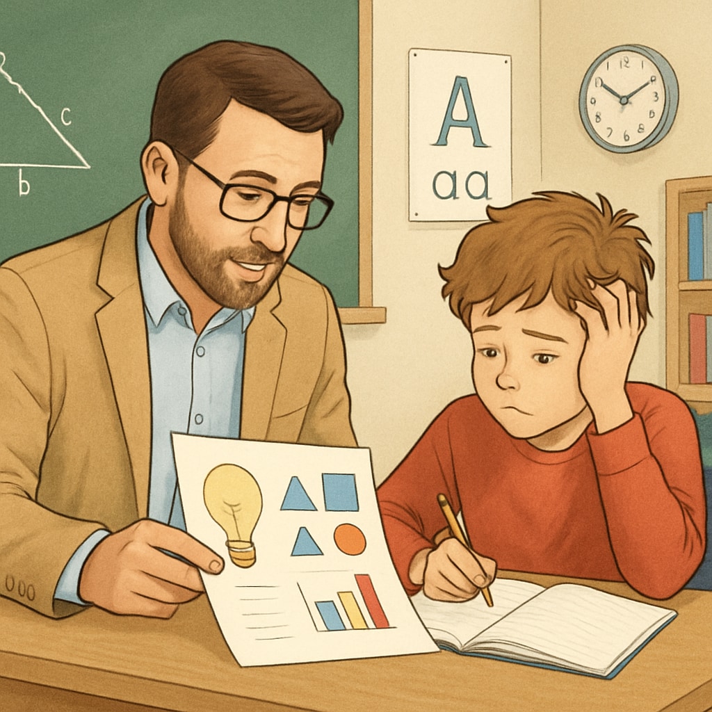 A teacher assisting a student with ADHD in a classroom setting, emphasizing personalized support. A teacher supporting an ADHD student with personalized strategies for high school success.