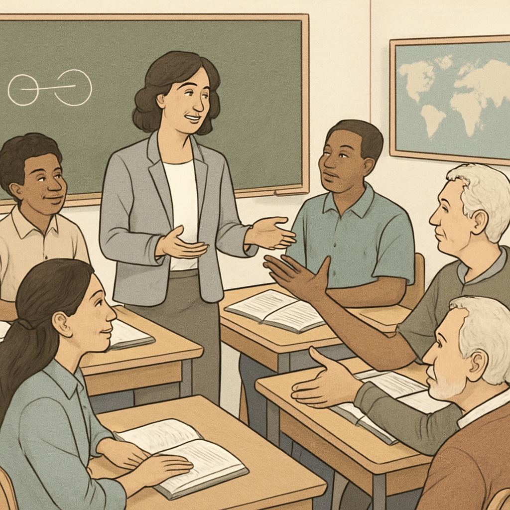 An adult classroom setting with diverse learners engaging in a group discussion about cultural norms and basic subjects. Adult learners discussing cultural norms and foundational subjects in a classroom.