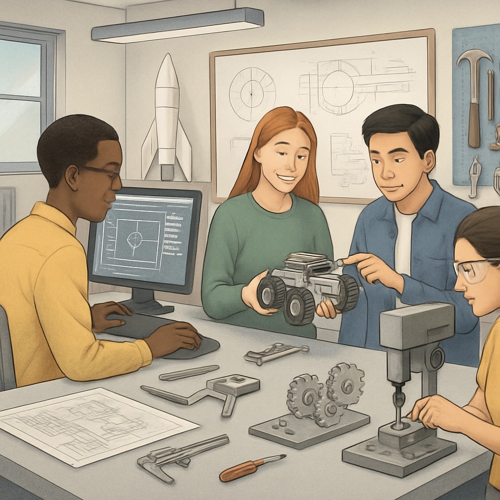 A university engineering design lab with students working on prototypes, illustrating career pathways in engineering design. University engineering design lab with students prototyping career solutions