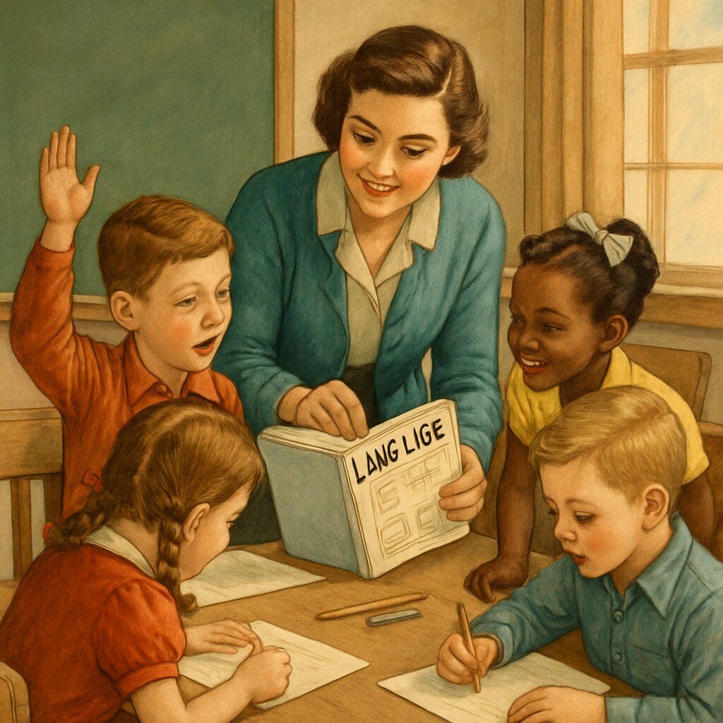 A vintage classroom with children and a teacher actively engaging with a language textbook, emphasizing creativity and collaboration. Students and teacher engaging with a language textbook, representing
