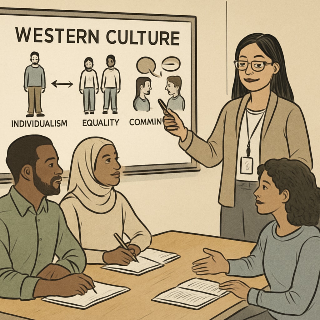 A diverse group of adult learners participating in an interactive cultural orientation session, with visual aids showcasing Western cultural norms. Diverse adult learners in a cultural orientation session exploring Western norms.