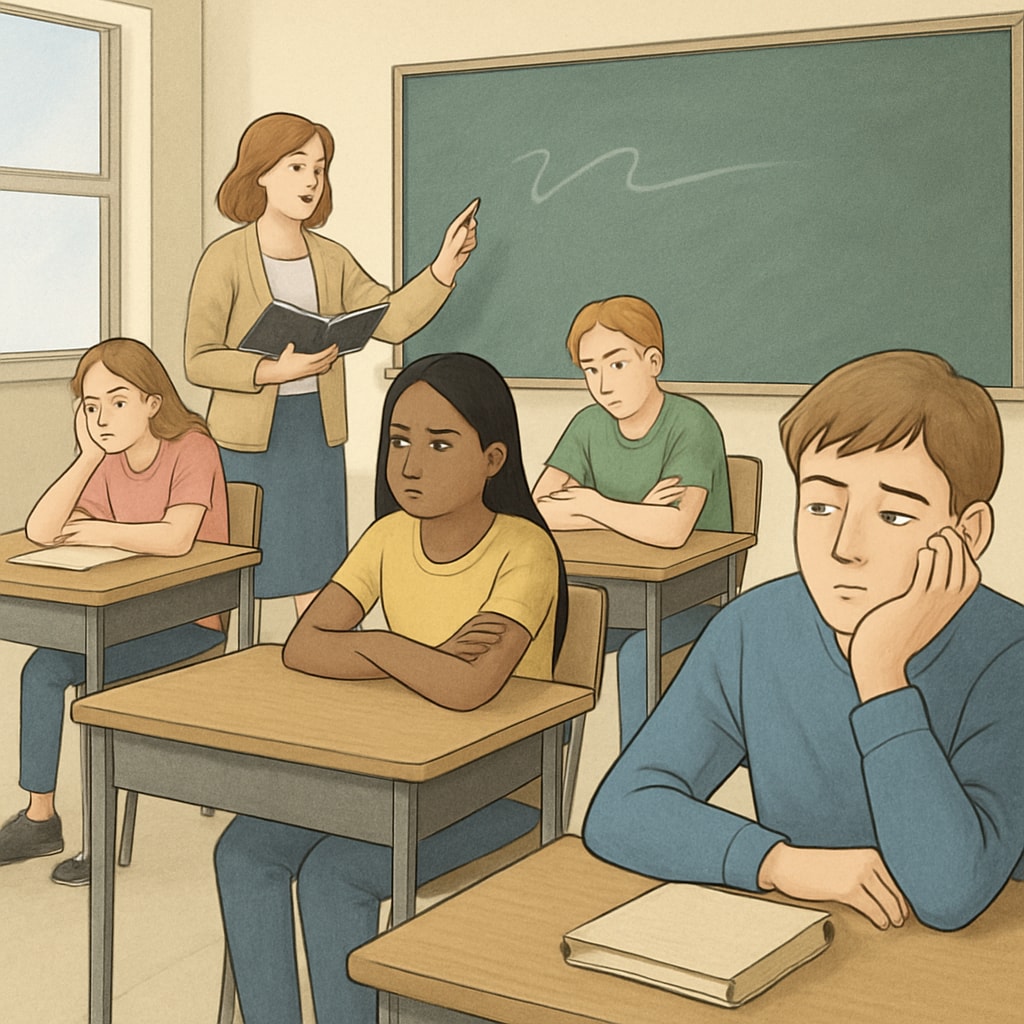 A classroom filled with disengaged students, showing a lack of interest in the lesson being taught. Students appearing bored in a classroom, reflecting the issue of student boredom in education.
