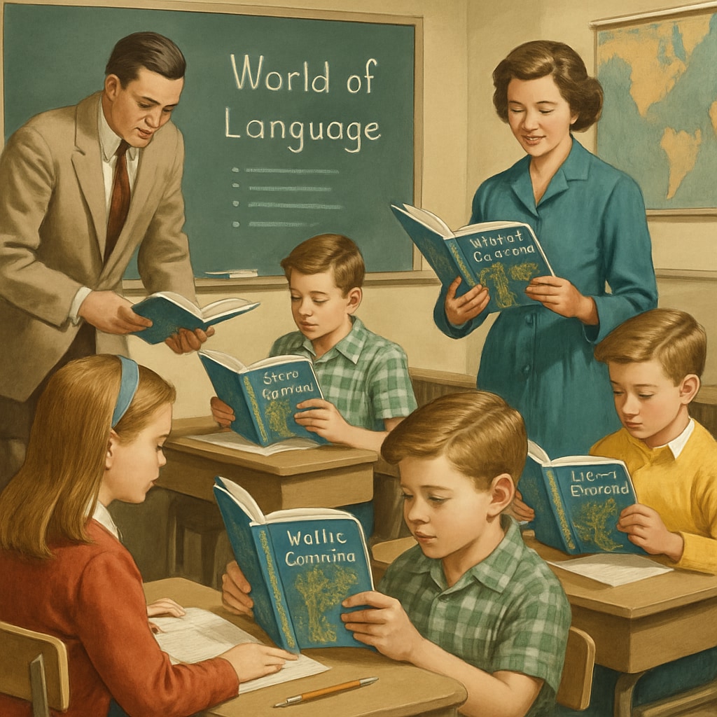 A vintage classroom with students and teachers using
