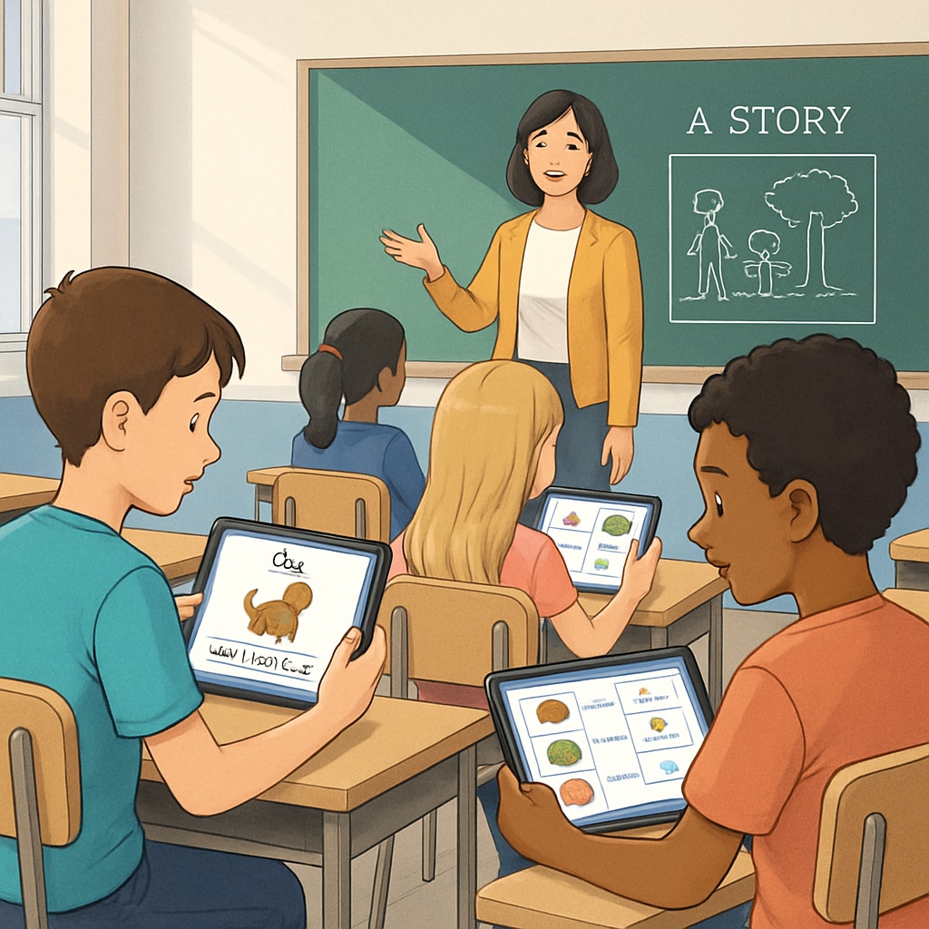 A modern classroom with students using tablets for language learning, highlighting the contrast with traditional, story-driven methods. Modern students using tablets for language learning, contrasting with traditional methods.