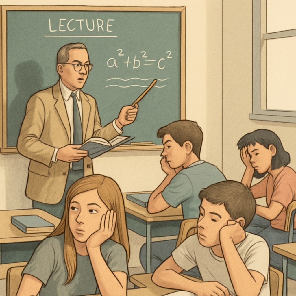 A teacher using traditional lecture methods, with students appearing distracted and disengaged. A classroom scene where traditional teaching methods fail to engage students.