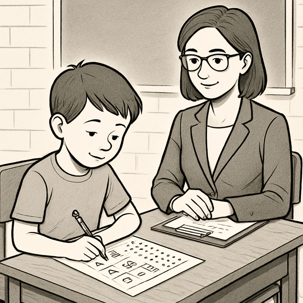 A child undergoing a standardized intelligence test, seated at a desk with a professional assessor nearby. A child taking an intelligence test with an educator.